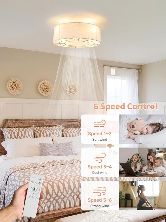 Ceiling Fans with Lights, 20" Boho Ceiling Fan with Light Flush Mount, Drum Rattan Low Profile with 6 Speeds, Remote Control for Bedroom, Nursery, Living Room