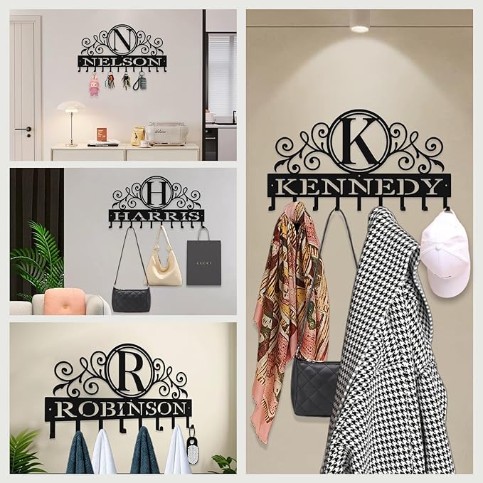 Personalized Key Hooks for Wall,Custom Initial Name Key Holder Wall Mounted,Fashion Monogram Coat Rack,Metal Key Hanger with Hooks,Key Rack Organizer for Entryway,Hallway,Doorway