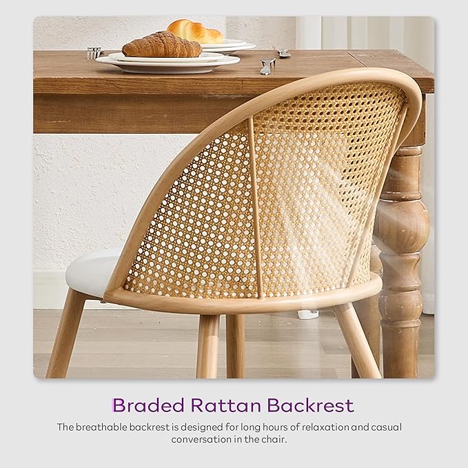 TYBOATLE Rattan Dinner Chairs Set of 4 with Faux Leather Cushion, Modern Dining Room Chairs w/Adjustable Foot Pads, Kitchen Boho Mid Century Upholstered, White