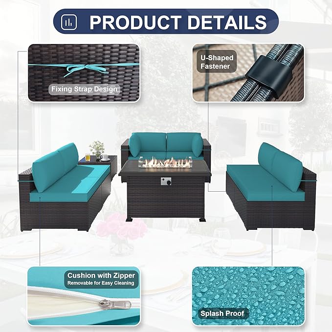 Kurapika 13 Pieces Patio Furniture Set, Rattan Wicker Outdoor Conversation Sets w/43in Propane Fire Pit Table, Swivel Rocking Chairs Patio Sectional Sofa w/4 Inch Cushion, Blue