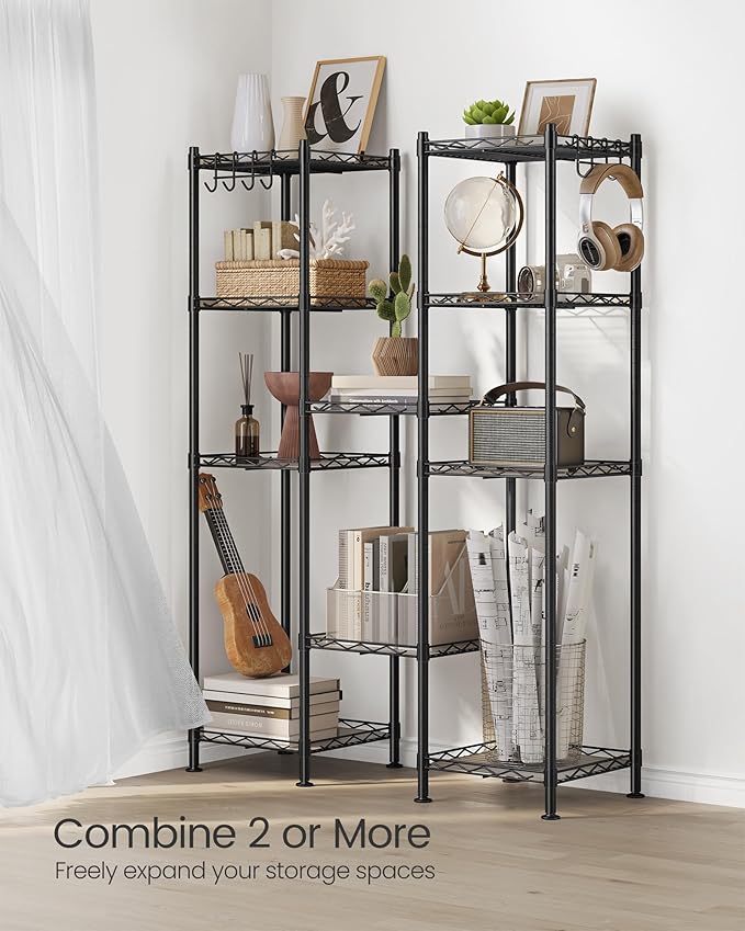 SONGMICS 5-Tier Bathroom Shelf, Storage Rack for Small Space, with 5 PP Shelf Liners, Removable Hook, Extendable Design, Ink Black and Translucent ULGR23BK