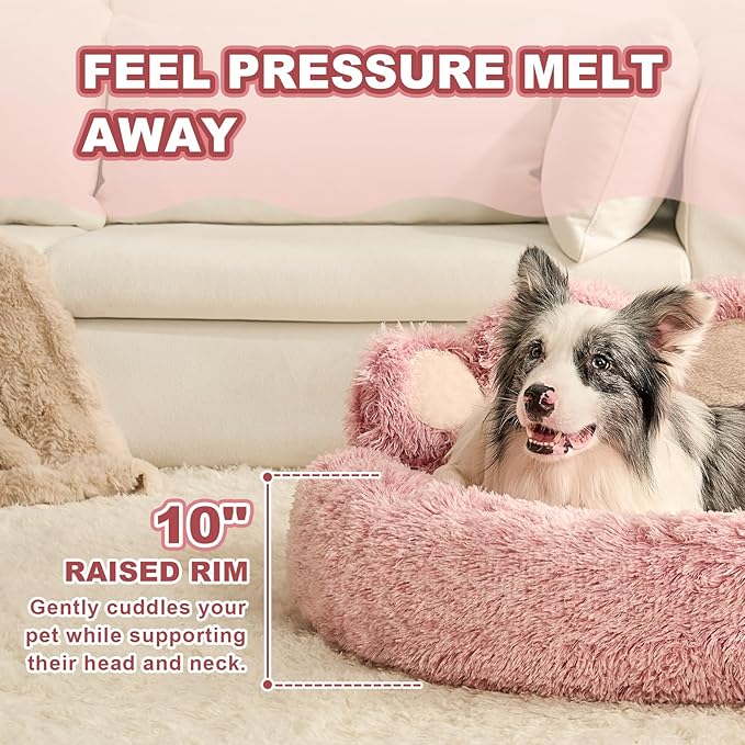 Jiupety Paw Shape Calming Pet Bed, Medium Plush Faux Fur Donut Bed for Dogs & Cats, Machine Washable, Non-Slip Bottom, Extra Large Size (32"×32"×10"), Pink