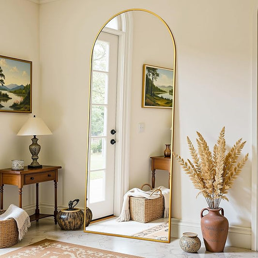 Full Length Mirror, 58"x18" Oversized Floor Mirror Freestanding, Full Body Mirror Floor Standing Mirrors with Stand, Hanging Mounted Mirrors for Bedroom Living Room, Gold, Arched Style