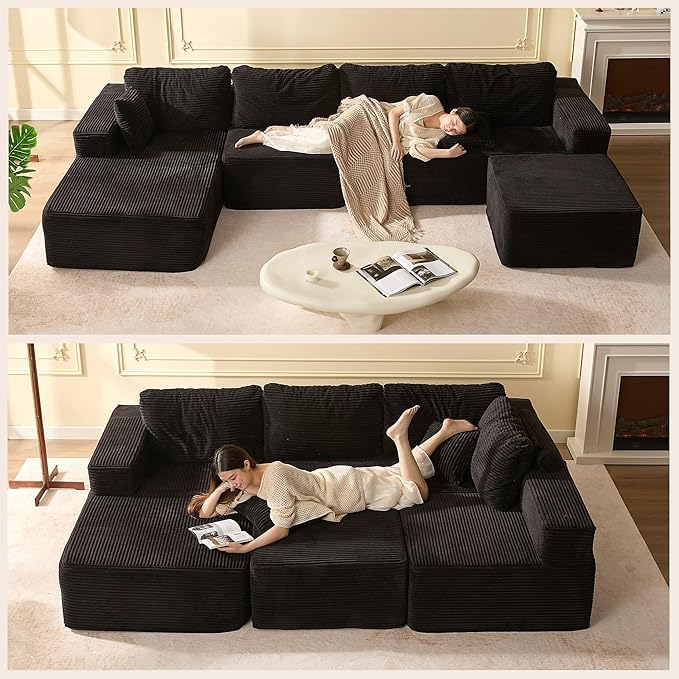 138" Boneless Couch with Deep Seat, Modular Sectional Sofa, Cloud Sectional Couch for Living Room, No Assembly Required, Corduroy, U-Shape 4 Seater Left, Black