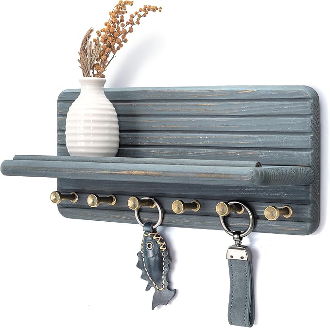 Rebee Vision Pine Wood Key Holder Wall Mount for Home Organization Accent – Wooden Key Holder for Wall with 6 Hooks & Floating Shelf - Elegant Room Decor Aesthetic (Royal Blue)