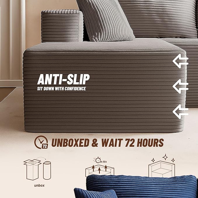 138" Boneless Couch with Deep Seat, Modular Sectional Sofa, Cloud Sectional Couch for Living Room, No Assembly Required, Corduroy, U-Shape 4 Seater Left, Gray