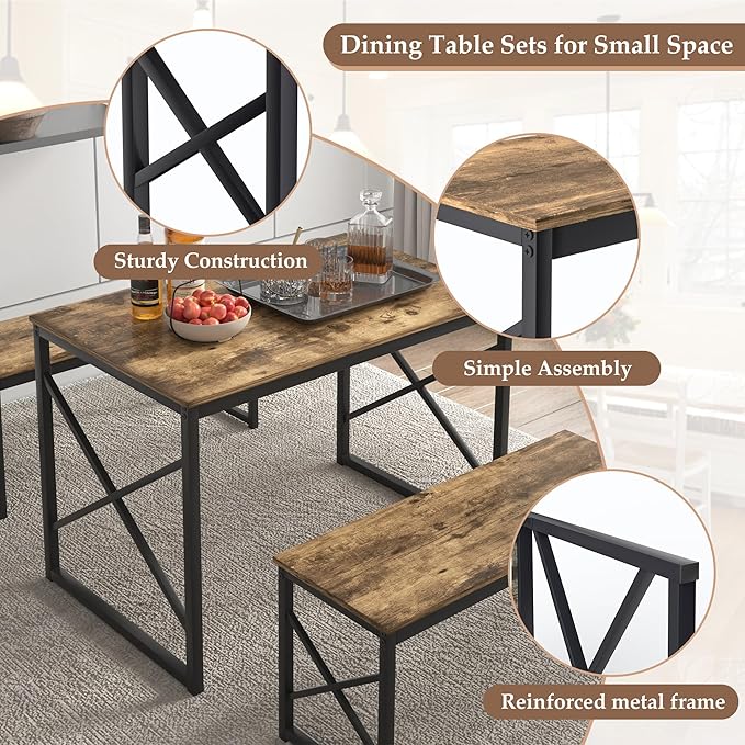 VECELO Kitchen Dining Table Benches Set for 4, 43.3" Wooden Dinette with 2 Benches, Heavy-Duty Dining Room Table for Small Space, Breakfast Nook, Brown