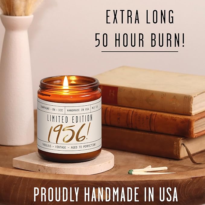 69th Birthday Gifts for Women - 'Limited Edition 1956' Soy Candle, w/Champagne on Ice I 69 Birthday Gifts for Women I 69th Gift for Her Ideas I 9oz Reusable Jar, 50Hr Burn, Made in USA