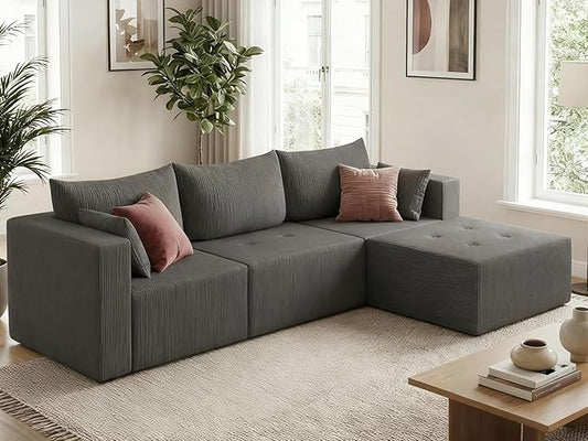 Cloud Boneless Sectional Sofa, Modular Sofa with Deep Seat, Modern Upholstered Couch with Chaise Lounge, Fluffy Comfy L-Shape Sectional Couch for Living Room, Black