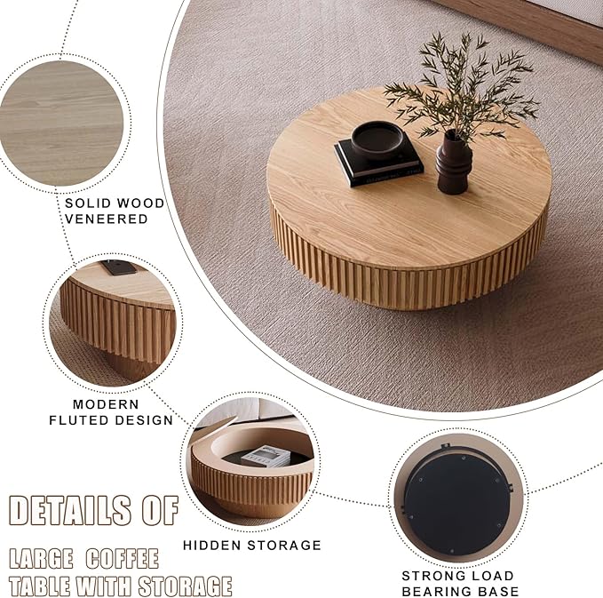 39'' Large Round Coffee Table with Storage, Fluted Coffee Table with Solid Wood Veneered, Mid Century Modern Wooden Center Table, Accent Tea Table for Living Room Apartment, Natural