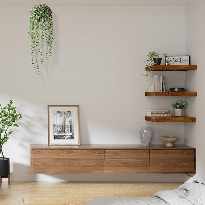 QEEIG 12" Deep Floating Shelves for Wall - 12 x 16 inch Book Shelf Bathroom Bedroom Kitchen Living Room Hanging Bookshelf Farmhouse Set of 3, Brown (026-40BN3)