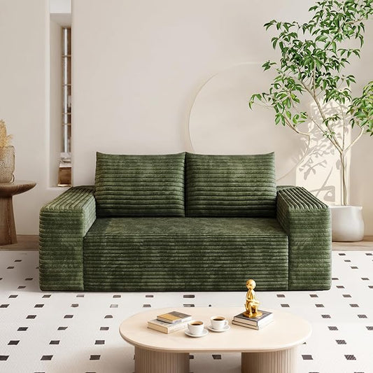 63" Corduroy Loveseat Sofa, 2-Seater Cloud Couch, Boneless Couch in a Box, Comfy Deep Seat Sofa with Memory Foam, Pillows and Wide Armrests, Modern Small Couches for Small Spaces, No Assembly (Green)