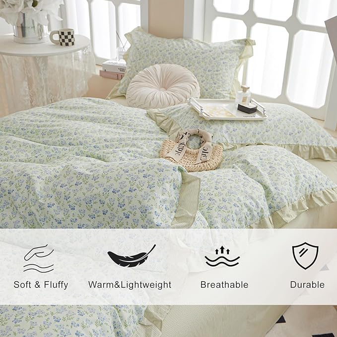 EAVD French Style Garden Floral Ruffled Comforter Set Full White Fluffy Soft Microfiber Chic Blue Floral Bedding Set with 2 Pillowcases Fresh Botanical Comforter Set for All-Season