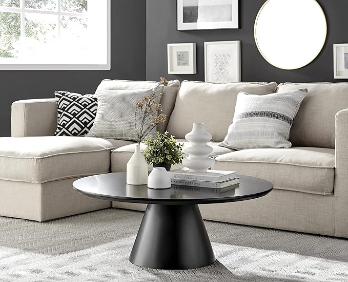 Furniturebox UK Coffee Table - Palma Round Coffee Table - Contemporary Minimalist Black Round Coffee Table with Tapered Central Pillar - Living Room Furniture