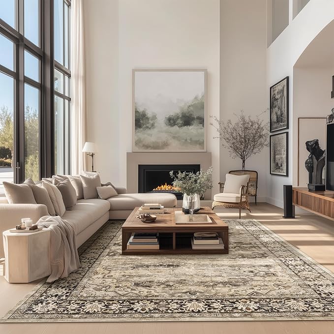 9x12 Large Rugs for Living Room Washable Boho Farmhouse Area Rugs Soft Faux Fur Low Pile Non Slip Stain Resistant Vintage Euro Floral Carpet Rug for Bedroom Dining Room Family Room,Hazel Brown