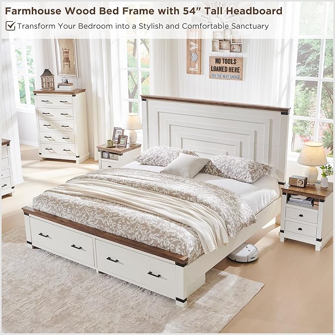 RedLemon Farmhouse Queen Size Bed Frame w/ 54" Tall Geometric Headboard, Rustic Wood Platform Bed w/ 2 Large Storage Drawers, Wood Slats Support, Noise Free, No Box Spring Needed, Antique White