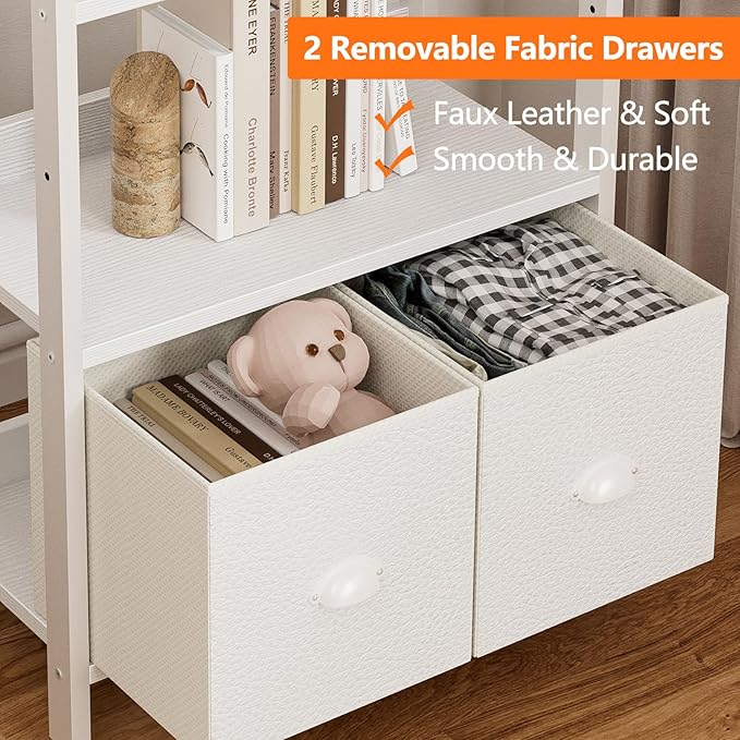 Furologee White 6 Tier Bookshelf with Drawers, Tall 71" Bookcase with Shelves, Modern Wood and Metal Bookshelves Storage Organizer, Display Free Standing Shelf Unit for Bedroom, Living Room, Office