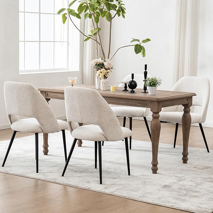 Rowill Dining Chairs Set of 2 Upholstered Dining Room Chairs Mid Century Modern Dining Chairs Kitchen Chairs Accent Chair with Metal Legs for Living Room Bedroom, Boucle Fabric Beige