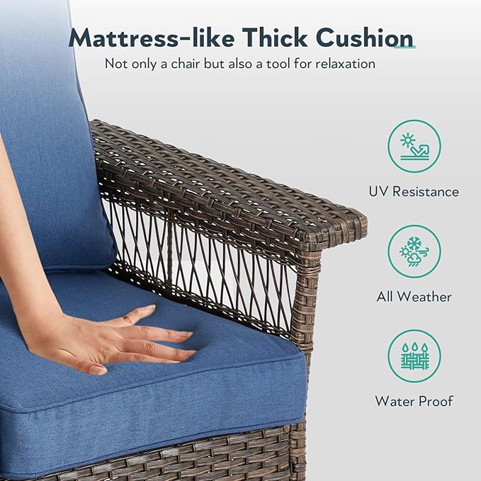 5 Pieces Wicker Patio Furniture Set - Hollow Widen Armrests Outdoor Rattan Chairs, 3 Seat Sofa with Coffee Table & Side Table, Small Patio Convention Set for Deck and Backyard - Brown/Blue