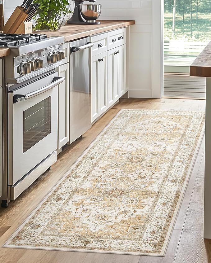 AMADA HOMEFURNISHING 2x5 Washable Runner Rug, Low-Profile Kitchen Rugs with Non-Slip Backing & Durable Edge Binding, Vintage Entryway Runner Rug for Bedroom & Hallway