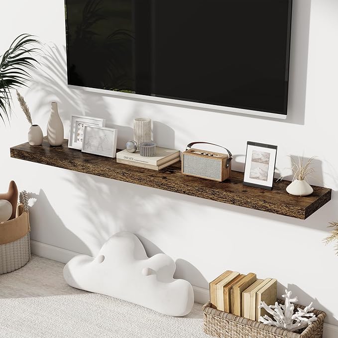 Fun Memories 55 Inch Long Floating Shelves for Wall, 8" Deep Floating Shelves for Bathroom Living Room Bedroom, Rustic Wall Mounted Shelf with Invisible Heavy-Duty Bracket, Set of 2, Rustic Brown