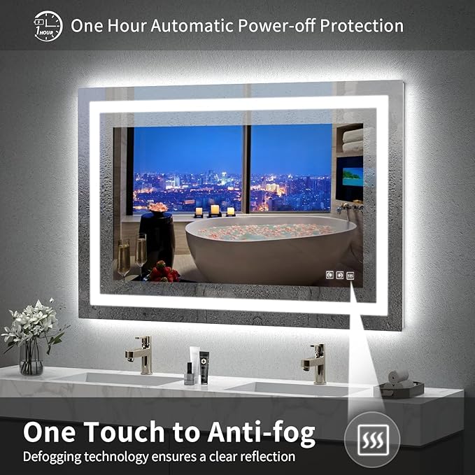 LED Mirror for Bathroom, 48x32 Inch Backlit + Front Lighted Bathroom Vanity Mirror with Lights for Wall, Double Light Strips, 3 Colors, Shatter-Proof, Anti-Fog and Brightness Memory