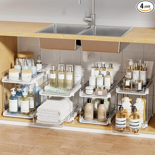 Delamu 2-Tier Multi-Purpose Bathroom Under Sink Organizers and Storage, Stackable Kitchen Pantry Organization, Pull Out Medicine Cabinet Organizer with Movable Dividers, White, 4Pack