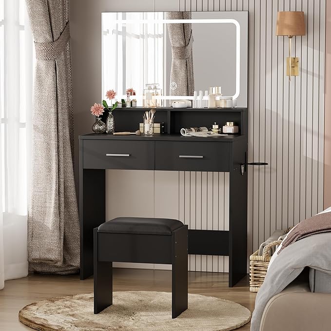 GarveeHome Vanity Desk with Mirror and Lights, 3 Color Modes Makeup Vanity with Cushioned Stool, 2 Drawers & Charging Station, Modern Dressing Table for Bedroom, Makeup Studio, Black