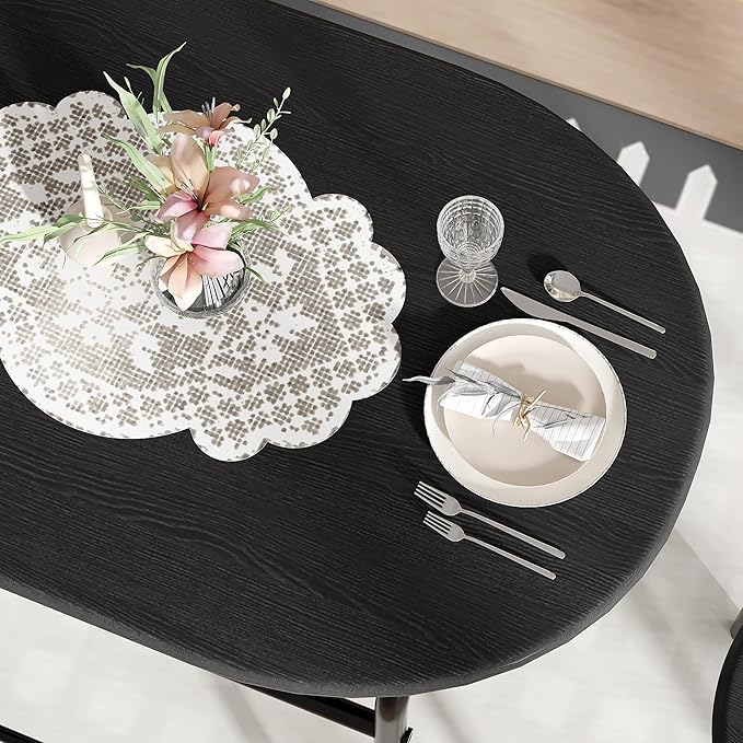 VECELO 3-Piece Dining Table Set for Kitchen Breakfast Nook, Wood Grain Oval Tabletop and Metal Frame with Built-in Wine Rack, for Small Spaces, Black