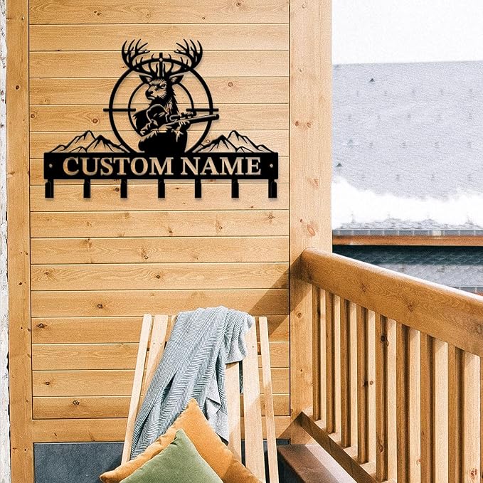 Personalized Custom Name Hunting Deer Wall Key Hooks,Metal Hunting Art Clothes Hooks,Metal Hunting Wall Home Storage Decorative,Hunter For Front Door, Hallway, Kitchen, Bedroom,Keys,Hats (Style J)