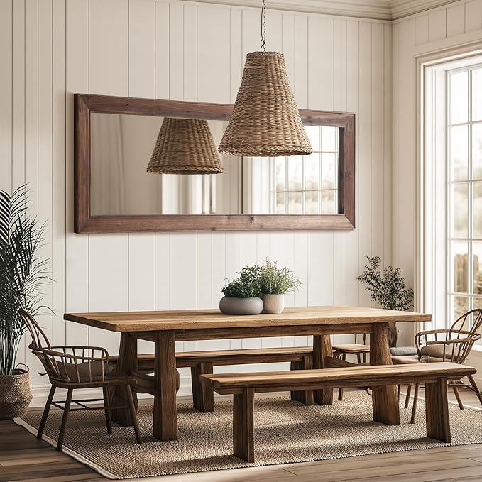 Farmhouse Standing Mirror Full Length, 64"X21" Rustic Wood Frame Floor Mirror with Stand, Full Body Mirror for Bedroom Living Room Entryway, Hanging or Leaning Wall-Mounted, Tempered Glass, Brown