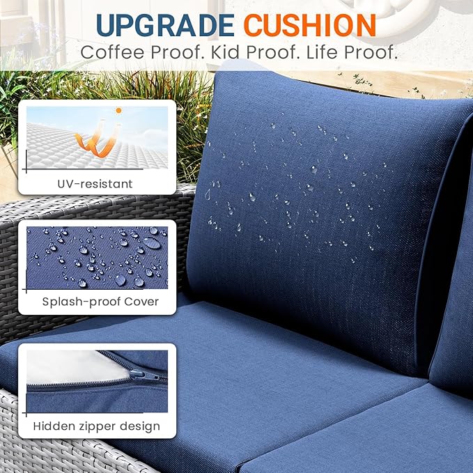 Wisteria Lane 4 Piece Patio Furniture Set, Wicker Outdoor Patio Conversation Furniture Set, All Weather Outdoor Patio Sofa with Cushion and Glass Table, Blue