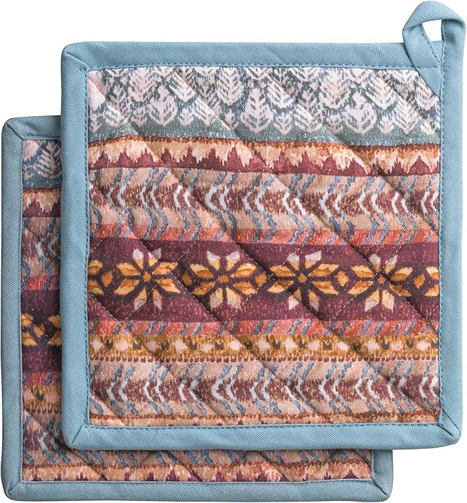 Maison d' Hermine Pot Holders Set 100% Cotton Heat Resistant Potholders 8" x 8" Hot Pads with Loop for Thanksgiving Christmas Decorations BBQ Cooking Baking Handling Hot Pans (Pack of 2, Fair Isle)