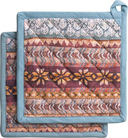 Maison d' Hermine Pot Holders Set 100% Cotton Heat Resistant Potholders 8" x 8" Hot Pads with Loop for Thanksgiving Christmas Decorations BBQ Cooking Baking Handling Hot Pans (Pack of 2, Fair Isle)