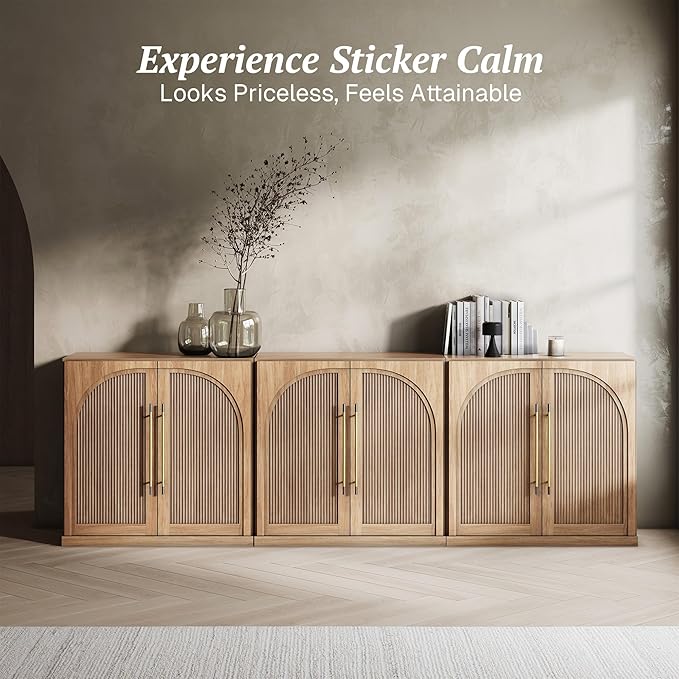 BELLEZE Set of 3 Modular Sideboard with Double-Arc Wood Doors, Small Arched Buffet Cabinet with Storage and Adjustable Shelves, Classic Modern Credenza for Dining Room, Living Room or Entryway(Camel)