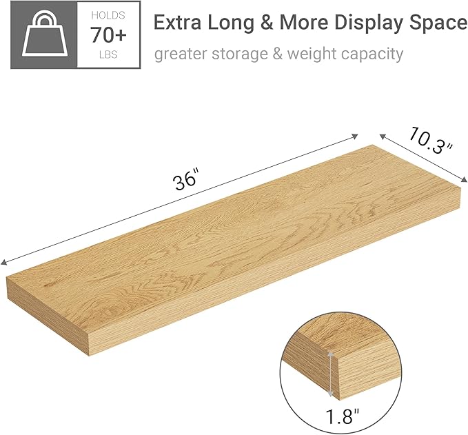 Vivelove 10 inches Deep Floating Shelves 36 inch Long, Large Oak Wall Shelves for Bedroom, Bathroom, Living Room, Kitchen, Office, Modern Shelf Home Decor with Invisible Bracket, Set of 2 Oak