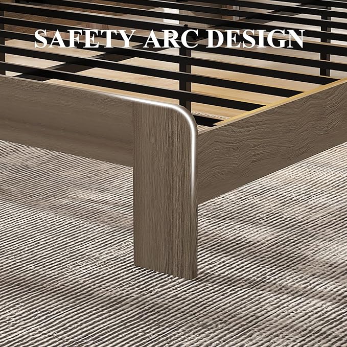 Wooden Bed Frame King Size with Storage Headboard - Farmhouse Platform Bed Frame with Bookcase Shelf & Led Lights, Sturdy Wood Slat Framework Bed Frame (Light Brown LED)