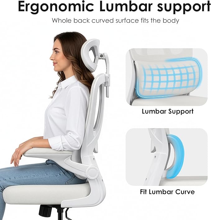 Farini Ergonomic Office Chair, Desk Chair with Headrest and Lumbar Support, High Back Swivel Home Office Chair with Headrest for Home Office Bedroom, Gifts, White & Beige