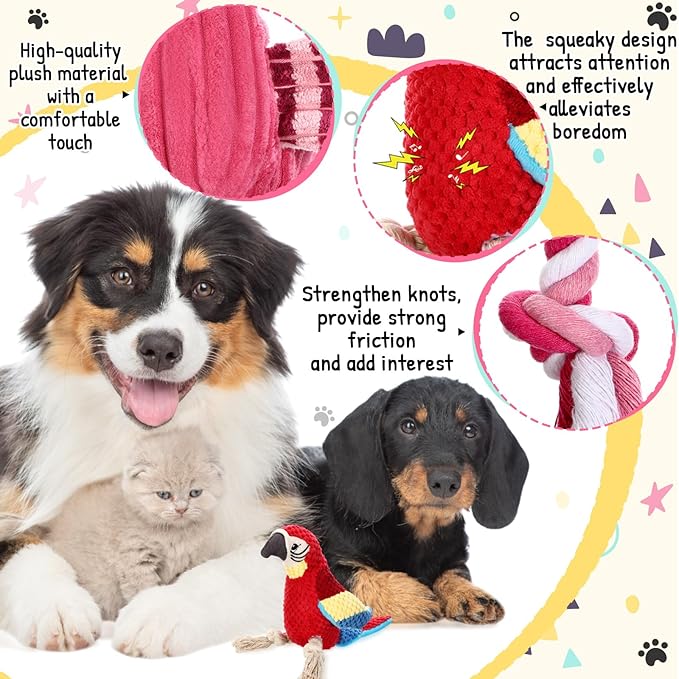 Soulchen 2 Pcs Dog Squeak Toys Cute Plush Flamingo Dog Toys with Knot Stuffed Parrot Chew Toy Interactive Gifts for Small Medium Large Dogs Aggressive Chewers Puppy Entertaining Keep Them Busy
