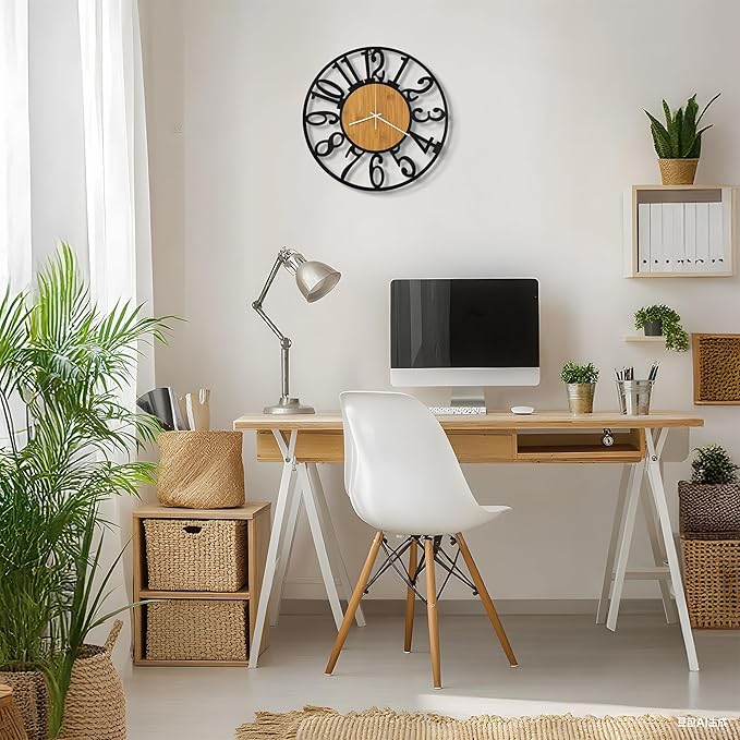 Maxstar Wall Clock Battery Operated,Silent Non-Ticking Modern Rustic Metal Round Clocks Small for Living Room/Bedroom/Office/Kitchen/Farmhouse Home Decor-16 Inch(Yellow-Wood)