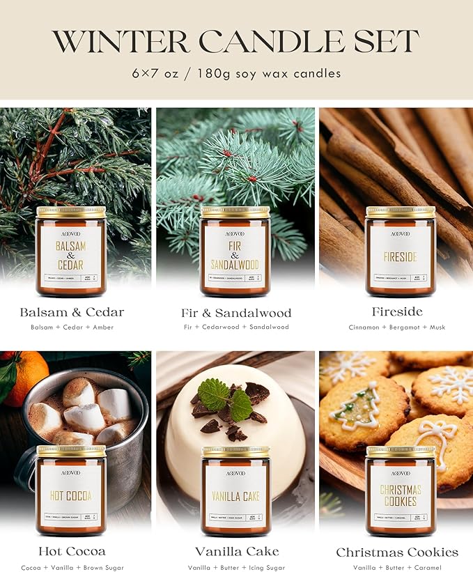 AOOVOO Candles Set - 6PC Scented Candles, Soy Candle, Aromatherapy Candle, Soy Wax Candle, Candle for Home Scented, Balsam/Fir/Firseide/Cocoa/Vanilla Cake/Cookies