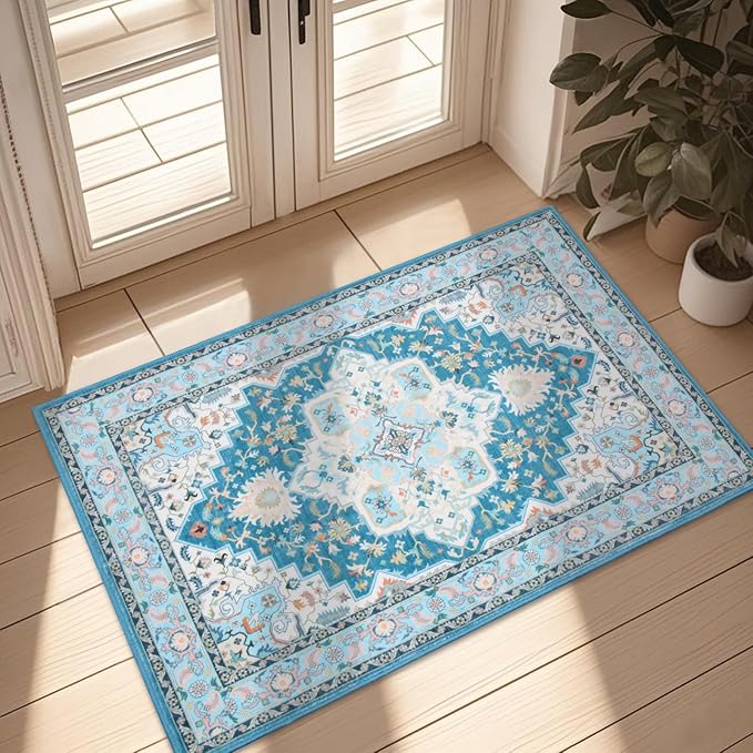 WILLSUN Washable Area Rugs, 2x3 Non-Slip Boho Small Area Rugs for Entryway, Kitchen, Bathroom, Machine Washable Vintage Rug, Indoor Floral Print Carpet for Home Decor, Kid & Pet Friendly Mat