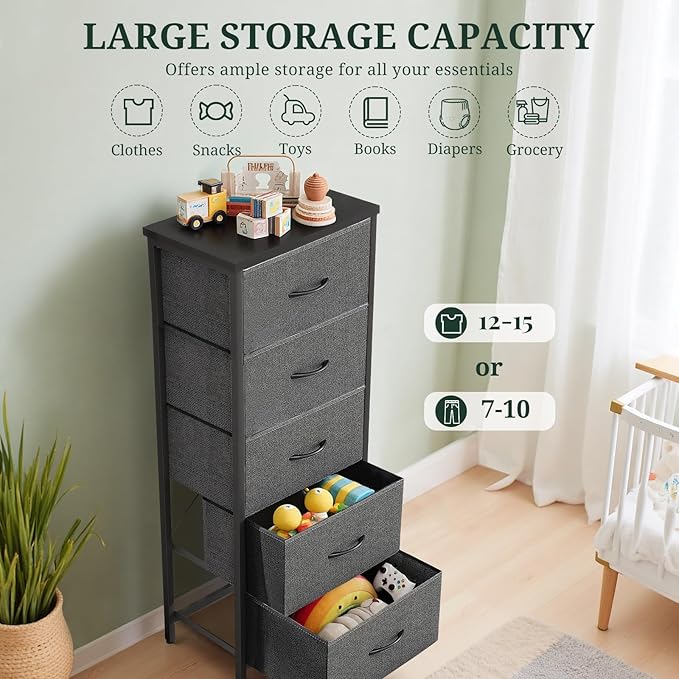 Nightstand, 5 Drawer Dresser End Table Bedside Furniture with Wooden Top Steel Frame Fabric Bins for Bedroom, Closet, Entryway, Dorm, Living Room, Gray