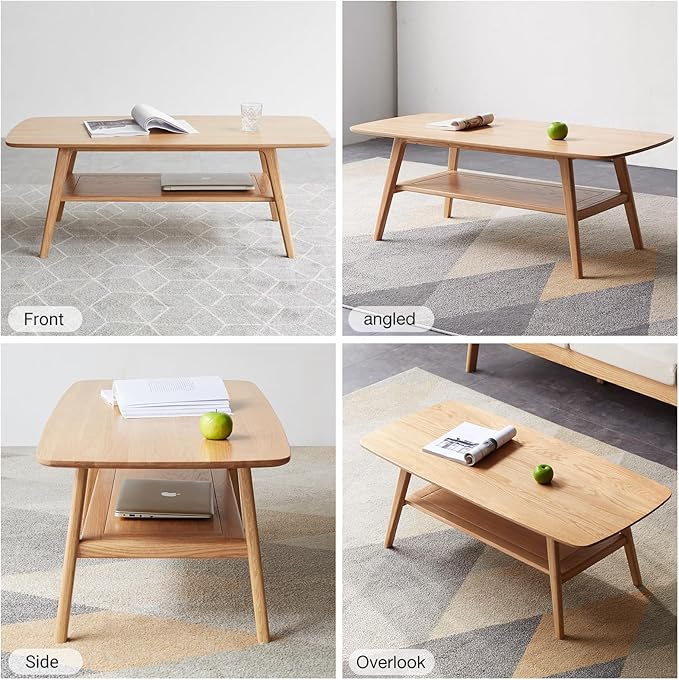 Oak Wood Coffee Table - 2-Tier Wooden Center Table for Living Room,Apartment, and Office, Farmhouse Rustic Rectangle Table, Easy Assembly,47 Inch