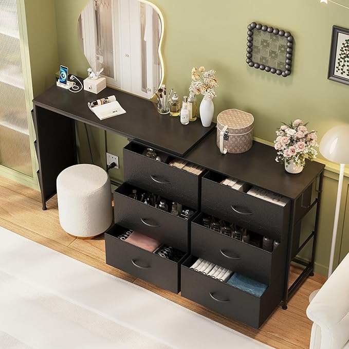 Modern Corner Vanity Desk with 6 Fabric Drawers Power Outlet Side Pocket L Shaped Drawers Makeup Desk Dressing Table for Girls Women Bedroom (Black)
