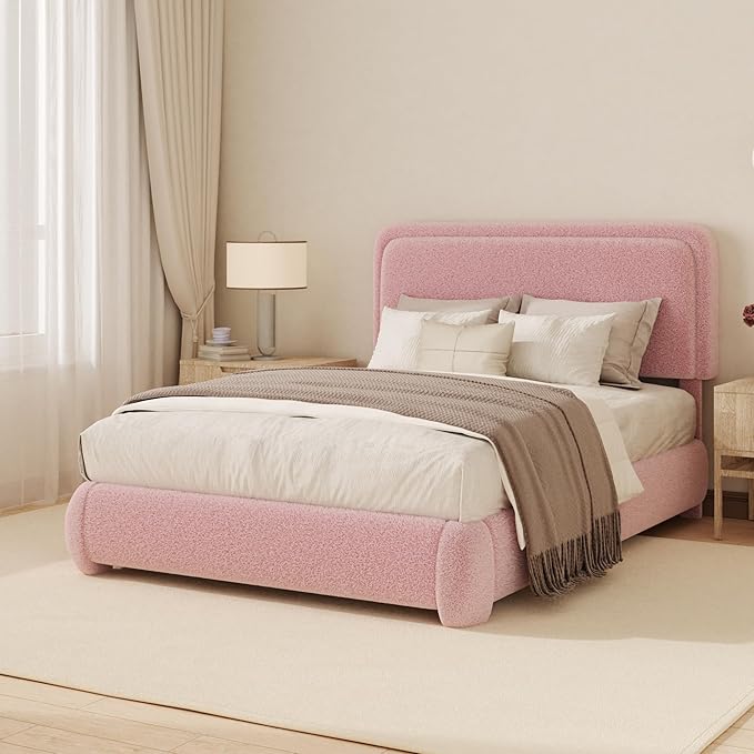 Twin Boucle Platform Bed Frame with Height Adjustable Headboard, Modern Upholstered Cloud Bed, Sleek Curved Design, No Box Spring Needed, Easy Assembly, Noise Free, Pink