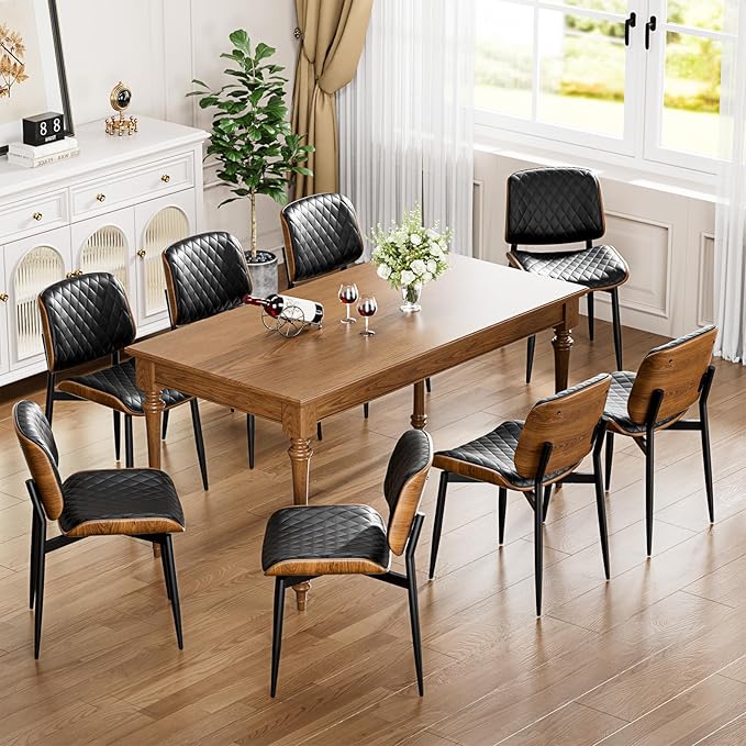 Dining Chairs Set of 2, FSC Certified Mid Century Modern Accent Dining Room and Kitchen Chairs, Upholstered PU Leather Diamond Check Chairs with Walnut Bentwood and Metal Legs, Black