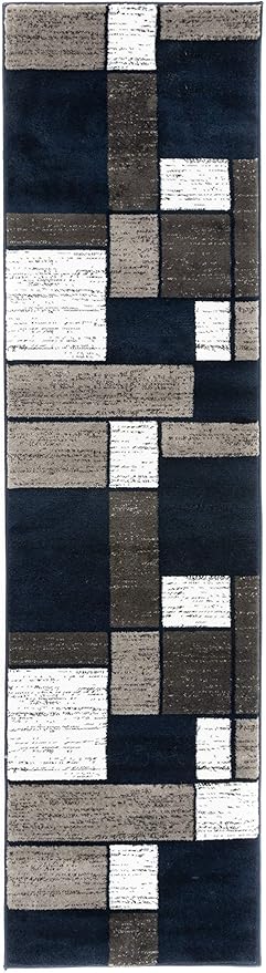 Rugshop Modern Geometric Boxes Navy Area Rug, Carpet with Jute Backing for Hallway, Entryway, or Laundry Room, 2' x 7'2"