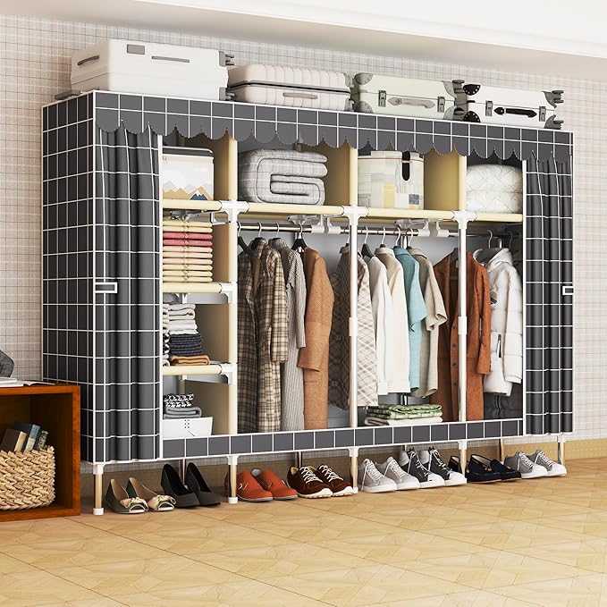 Portable Wardrobe Closet Durable and Easy to Assemble Heavy Duty Clothes Rack with Non-Woven Cover Fabric Best for Bedroom and Easy Storage and Organization (Grey-F)