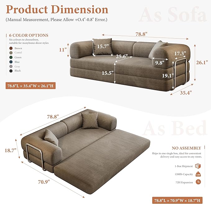 Boneless Couch Sectional Sofa,Convertible Sofa Bed with Sleeper Sofa,Futon Floor Couch Folding Sofas for Living Room,Bedroom,Apartment (Camel, 78.8''W)